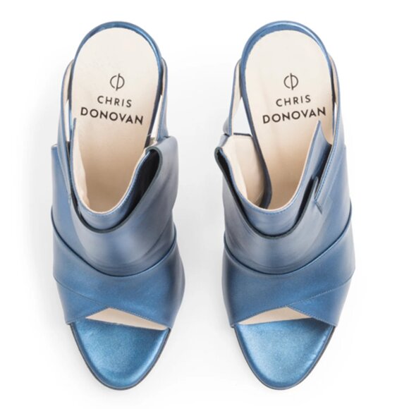 NEW CHRIS DONOVAN Made In Italy Leather Pegasi Heeled Mules in  lazuli 1225 18t9 - Picture 3 of 10